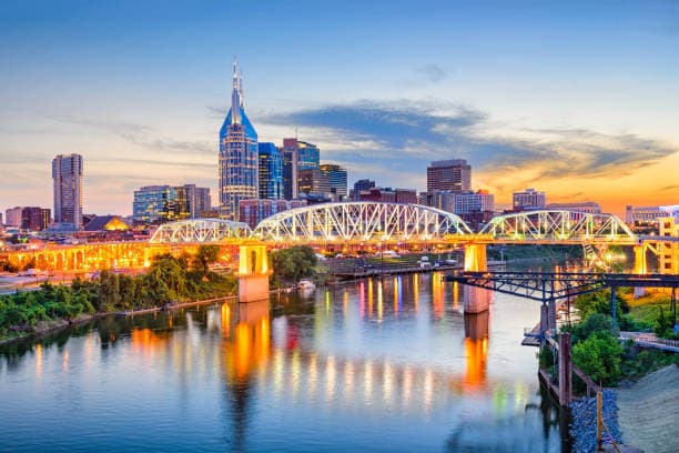 Nashville, Tennessee downtown skyline on the Cumberland River — find Sabbath gatherings in Tennessee